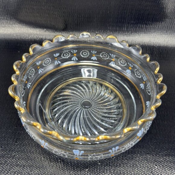 Antique Enameled Paint Large Glass Bowl Dish Gold Painted Edge Manganese 365nm - Picture 8 of 16